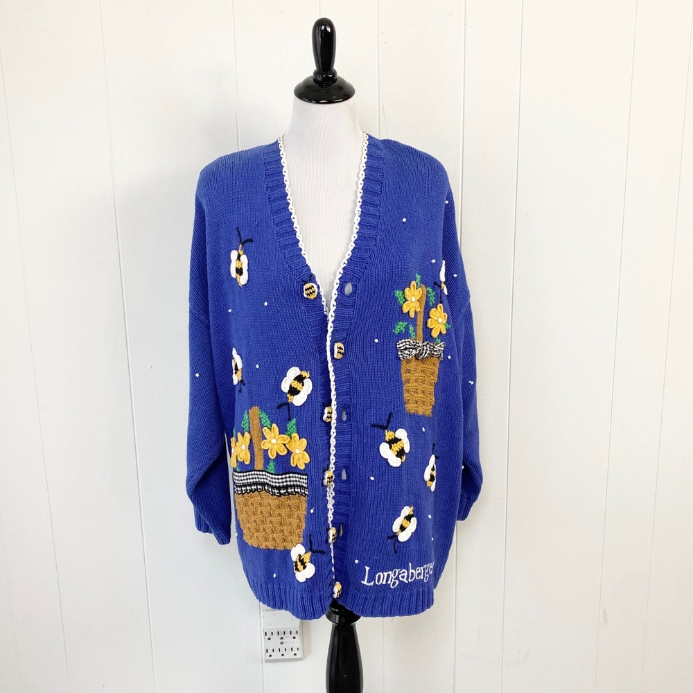 Belle Pointe Longaberger Blue Bee Flower Basket Knit Cardigan Sweater Size 3X